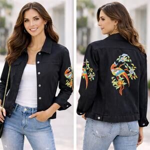 Yi Lin Black Embroidered Jacket Women’s Small Floral Bird Western Boho Tropical